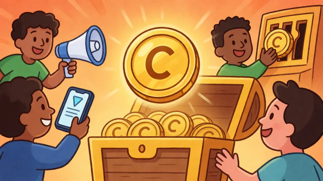Cartoon characters participating in gamified CORA airdrop campaigns around a treasure chest