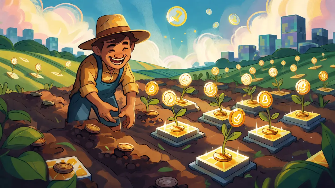 Cartoon farmer harvesting MDX token rewards from a field of staked liquidity pools in a colorful landscape.
