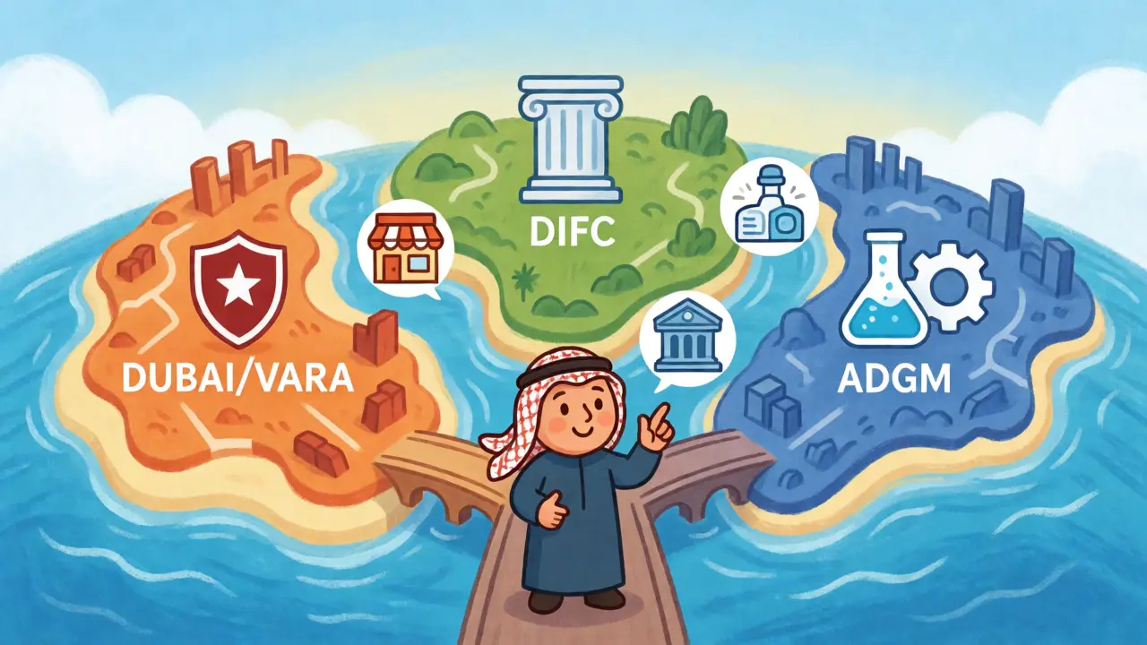 Cartoon map of UAE regulatory zones with a guide pointing to different districts.