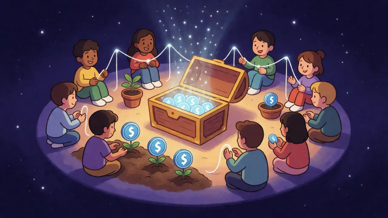 Cartoon scene of a community hub where users stake tokens and share airdropped rewards.