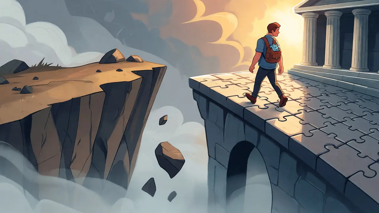 Cartoon traveler crossing a stable bridge from a risky cliff to a secure financial fortress.