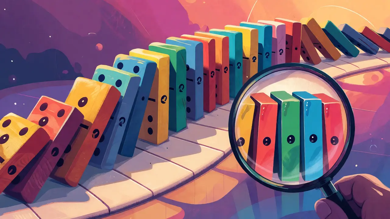 Chain reaction of dominoes tipping over on a curve, representing a cascading market crash.