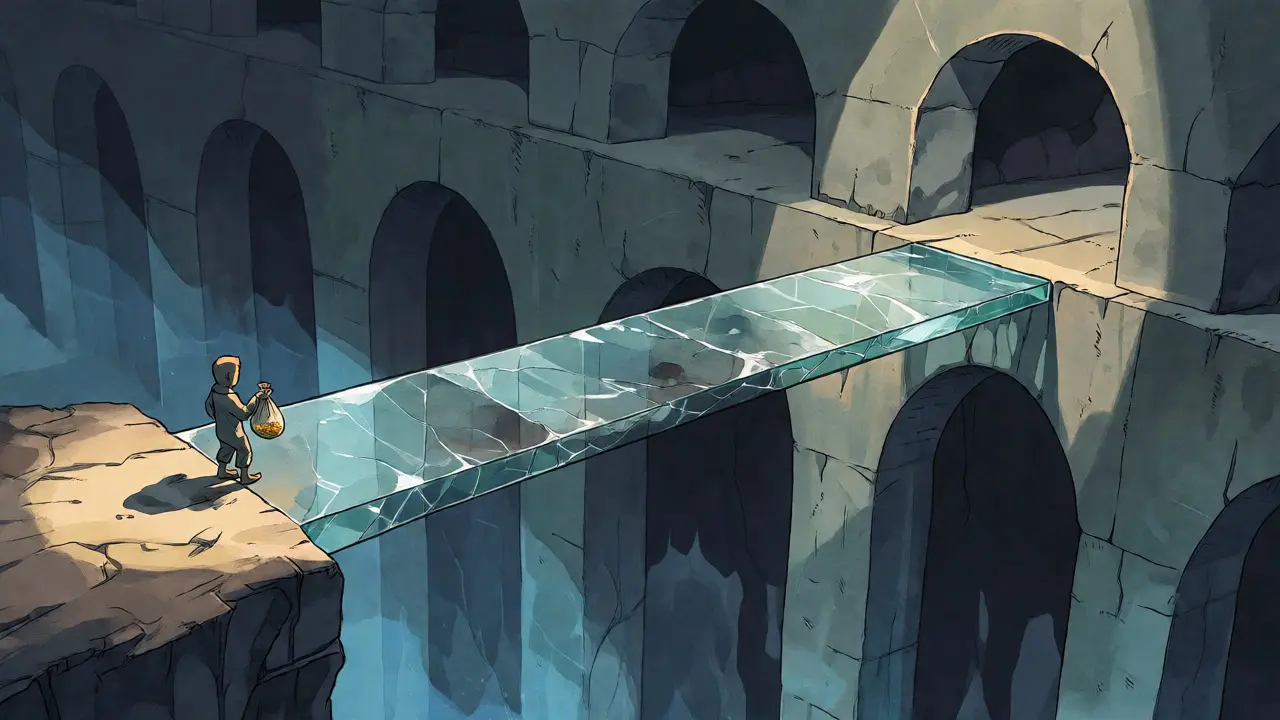 Character hesitating on a fragile glass bridge over a chasm, symbolizing low liquidity risks.