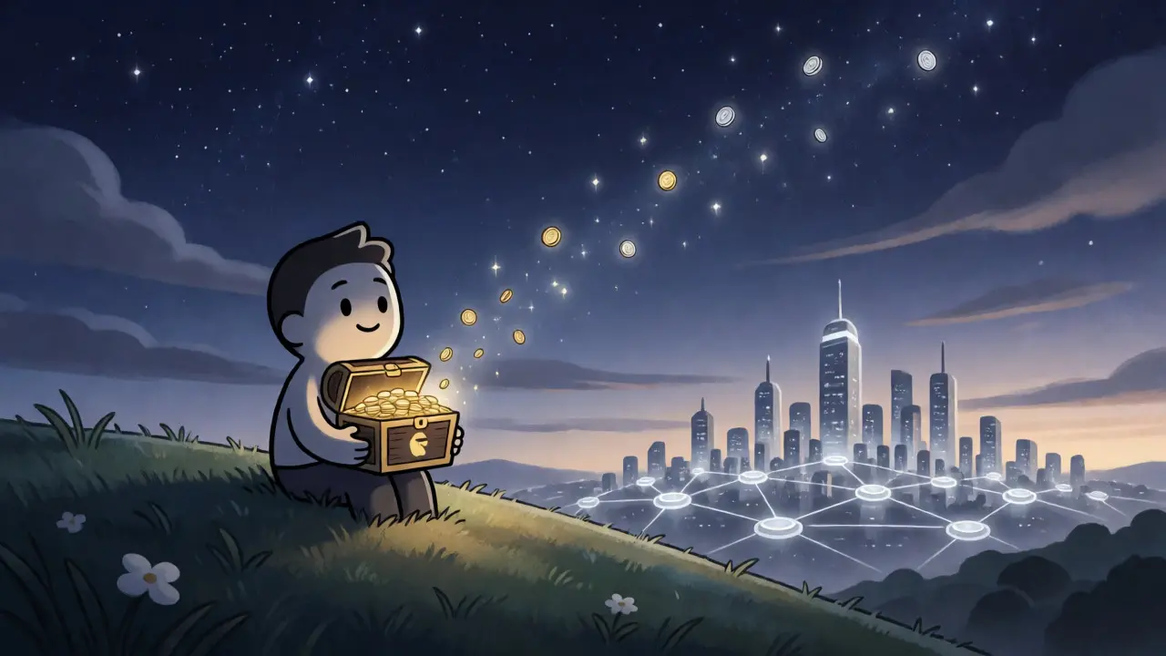 Character holding a treasure chest of tokens under a starry crypto-themed sky