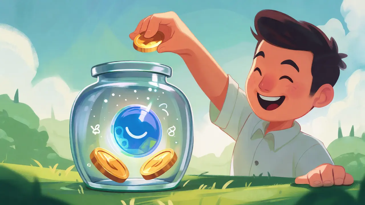 Cheerful avatar depositing one coin into a jar to create a balanced virtual pair with a stablecoin.