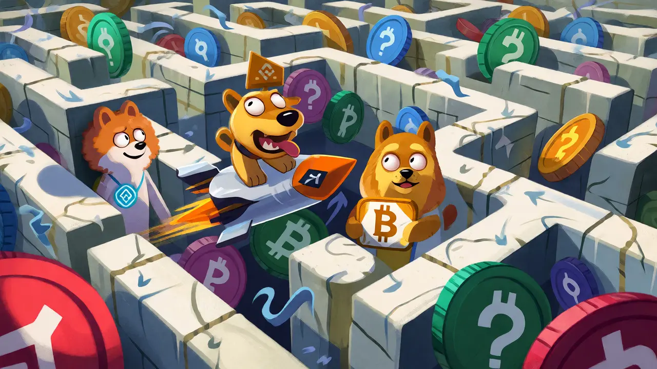 Confused cartoon dogs navigating a maze of similar crypto tokens.
