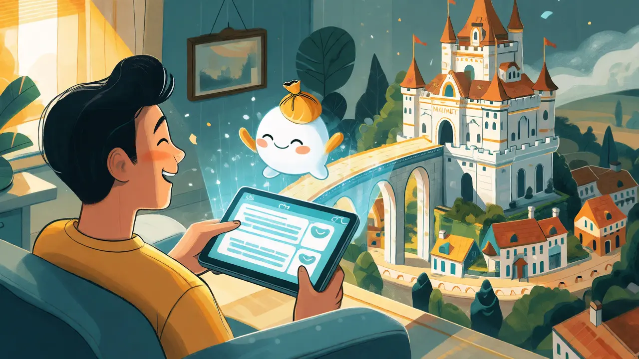 Cozy scene showing a user sending a cheap transaction via a light bridge to a Layer 2 village.
