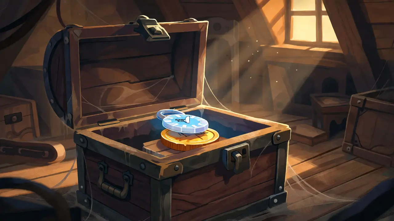 DGMOON coin locked in a dusty attic chest with a 2286 date lock.