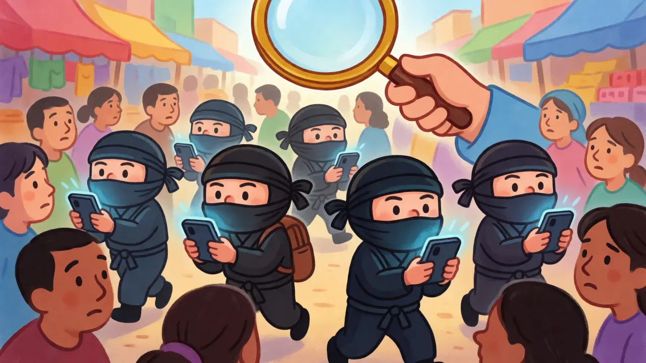 Disguised traders blending into a crowd to avoid detection by authorities.