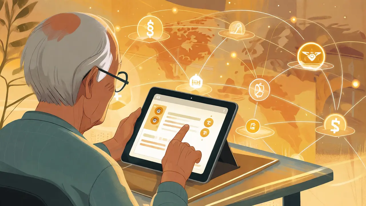 Elderly user interacting with simplified blockchain charity interface