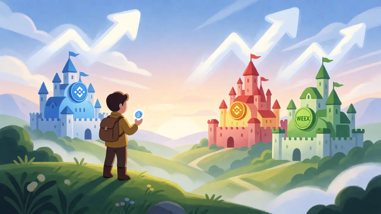 Explorer viewing exchange castles while holding a CORA token at dawn