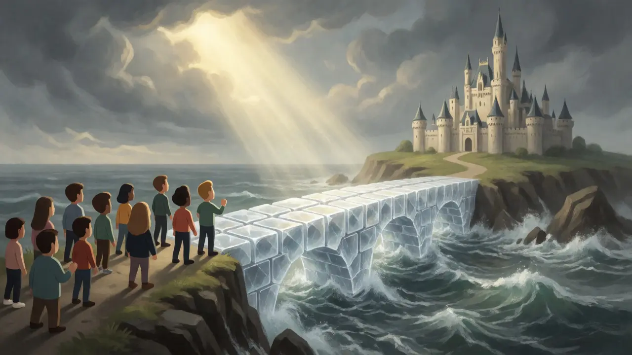 Fans crossing a crystal bridge over a stormy sea toward a castle.
