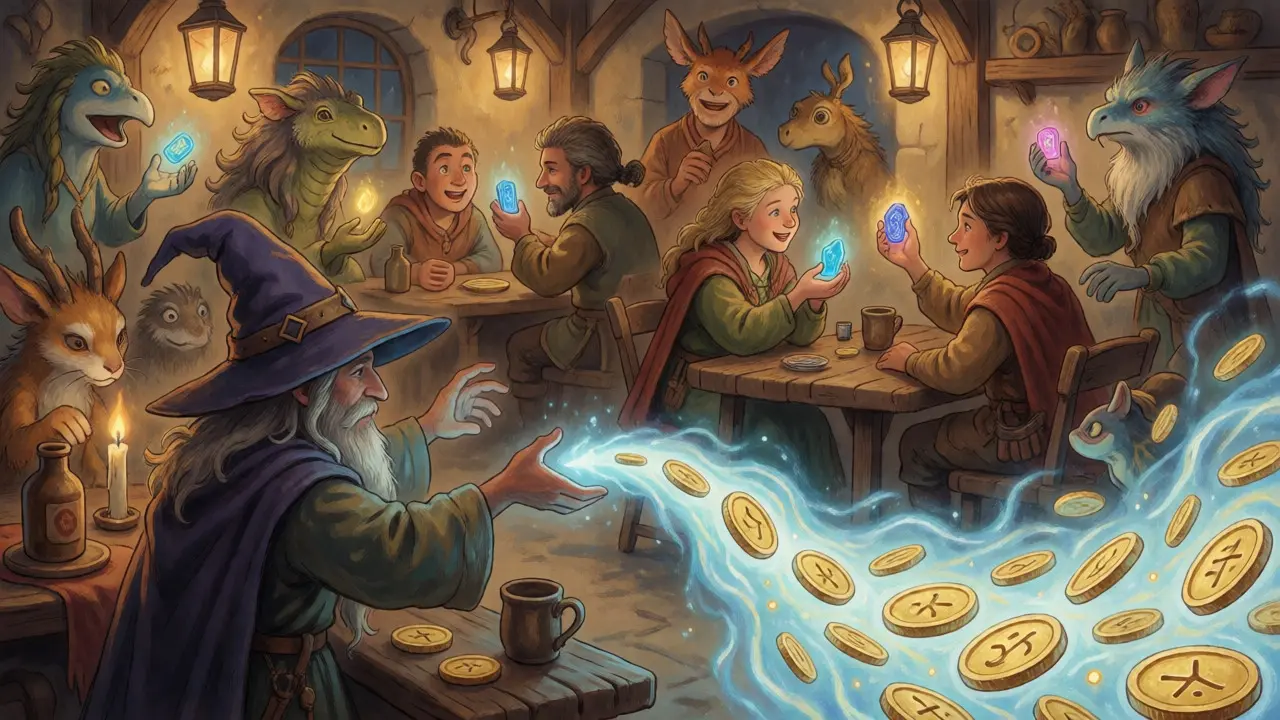 Fantasy characters exchanging magical coins in a bustling tavern.