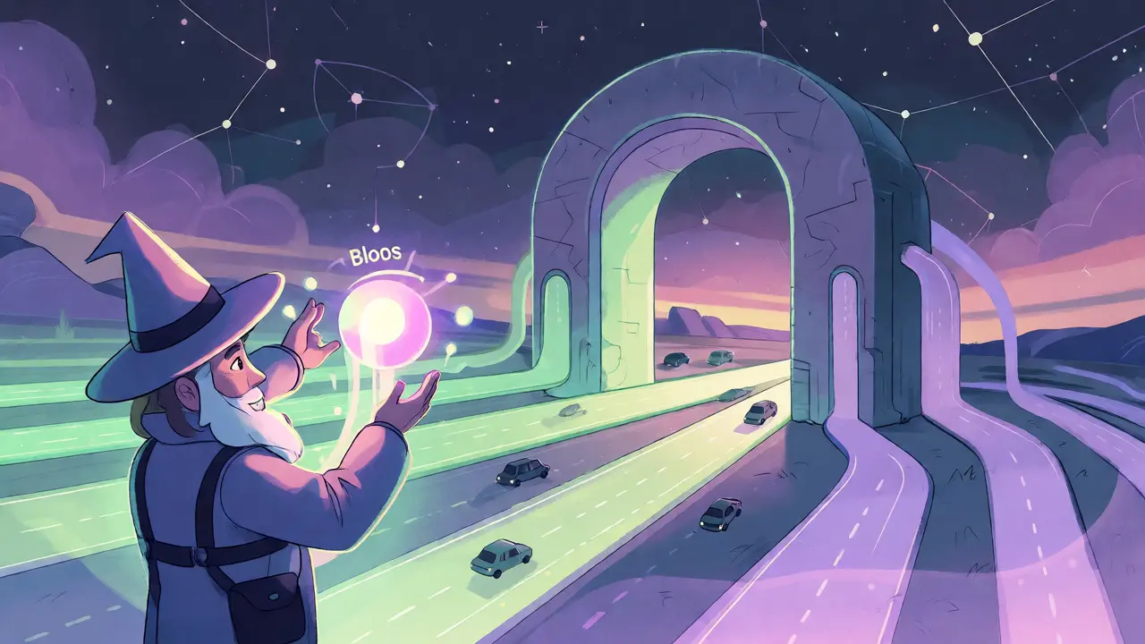 Fantasy illustration of a wizard separating traffic flows to reduce network congestion via blobs.