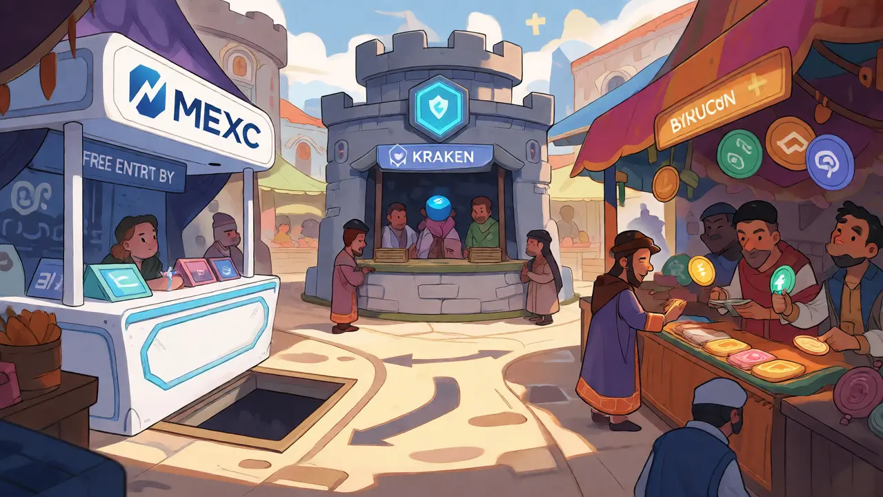 Fantasy market scene comparing different crypto exchange stalls with unique features.