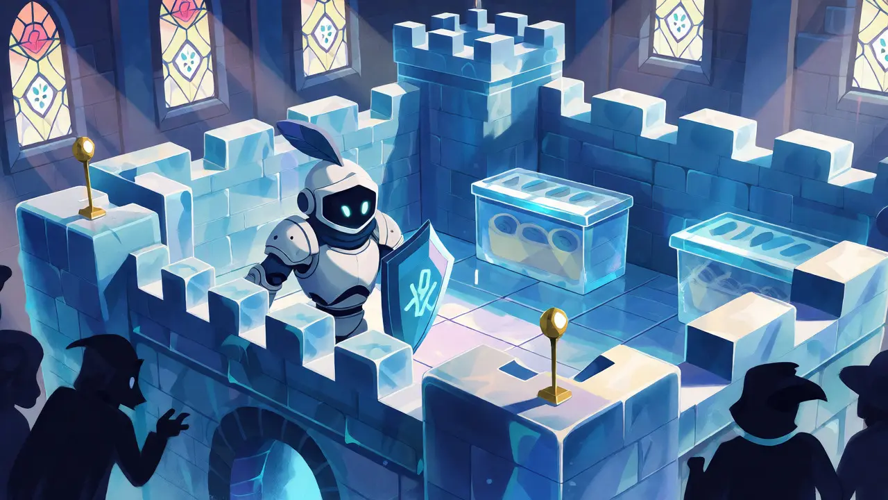 Fortified digital castle with robot guards symbolizing enhanced security.
