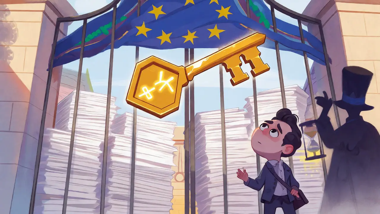 Illustration of a crypto business reaching for a golden passporting key behind a wall of bureaucracy.