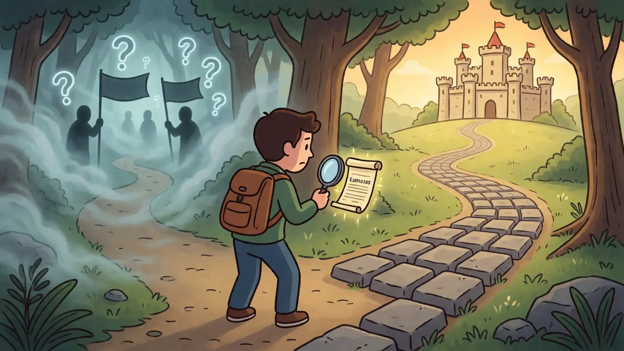Illustration of a person verifying a crypto path against a misty, unverified alternative route.
