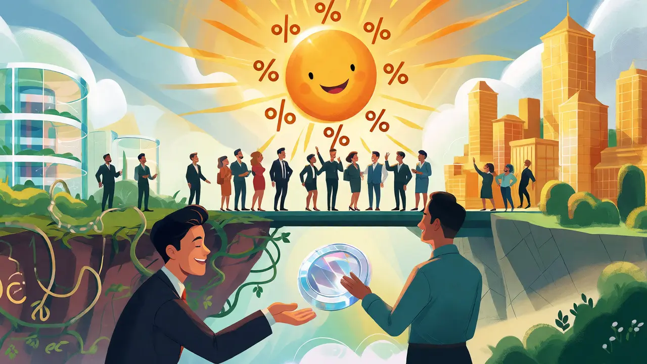 Illustration of investors crossing a bridge to a golden city, symbolizing regulated crypto growth and tax reform.