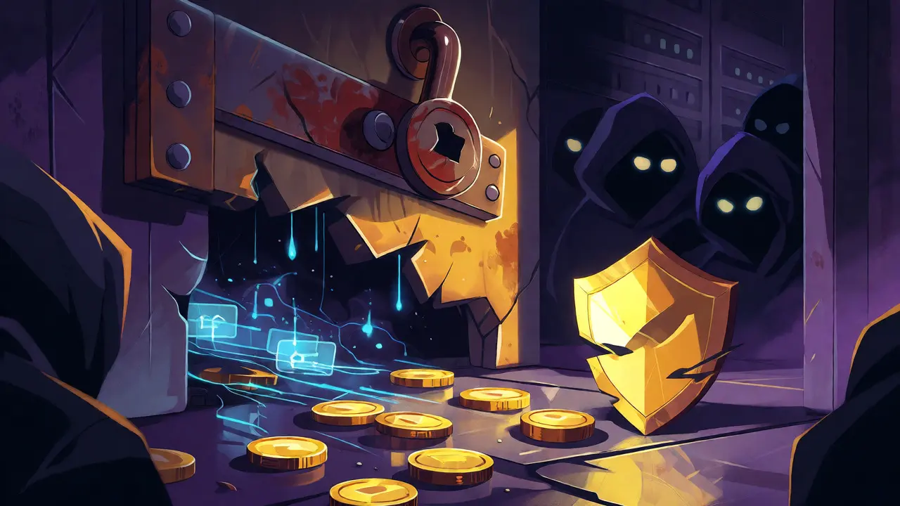 Illustration of shadowy hackers draining gold coins from a broken digital vault with a fractured shield.