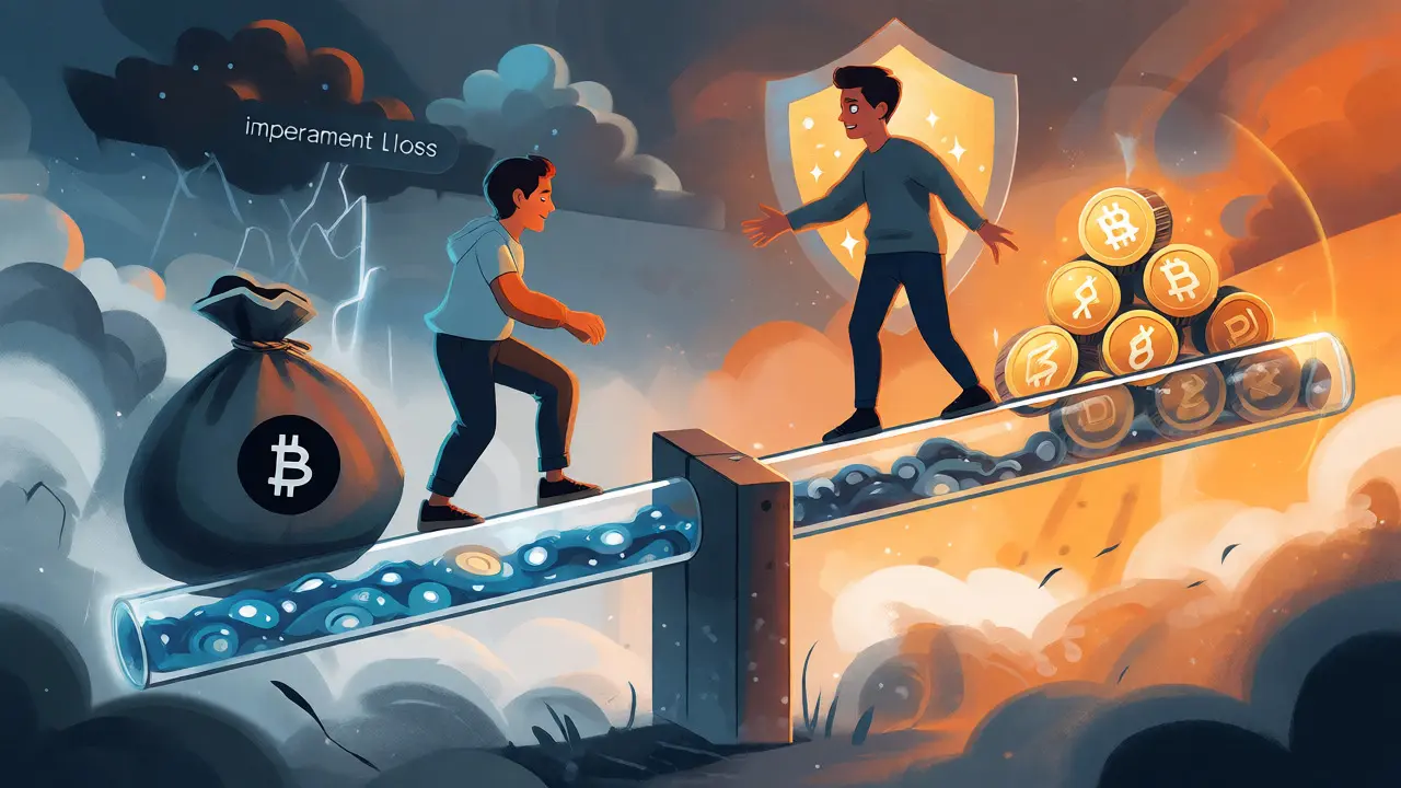 Illustration of two characters balancing assets and rewards on a seesaw amidst mild market volatility clouds.