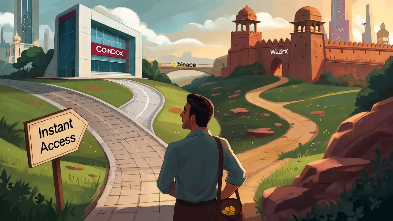 Investor choosing between paths at a crossroads representing exchange options.