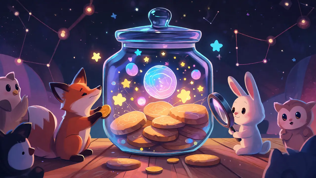 Magical jar filled with glowing tokens surrounded by animals