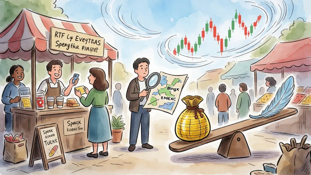 Market scene showing token spending utility balanced against liquidity risks on a seesaw.