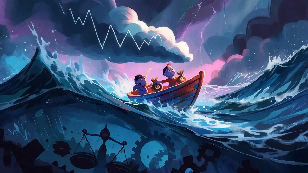 Small boat navigating turbulent seas symbolizing crypto market volatility and risks.