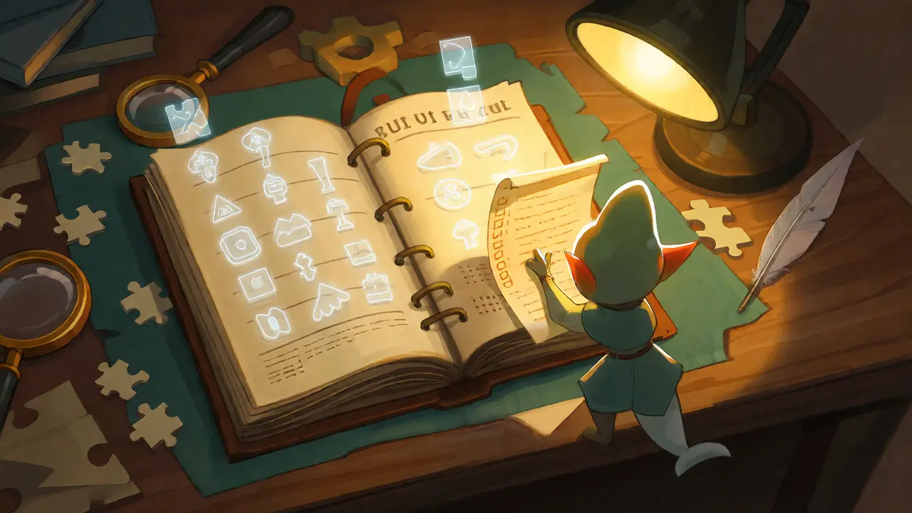 Small creature inspecting a glowing smart contract scroll with a magnifying glass on a study desk.