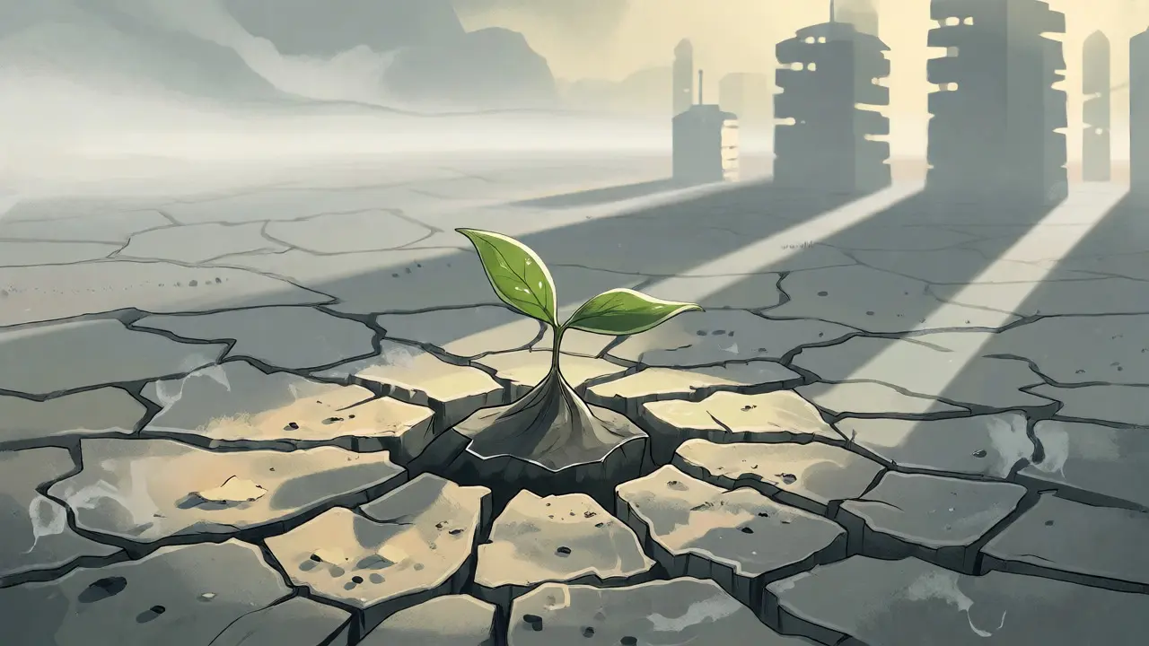 Small plant growing in a vast, misty field under the shadow of distant giant blockchain structures.