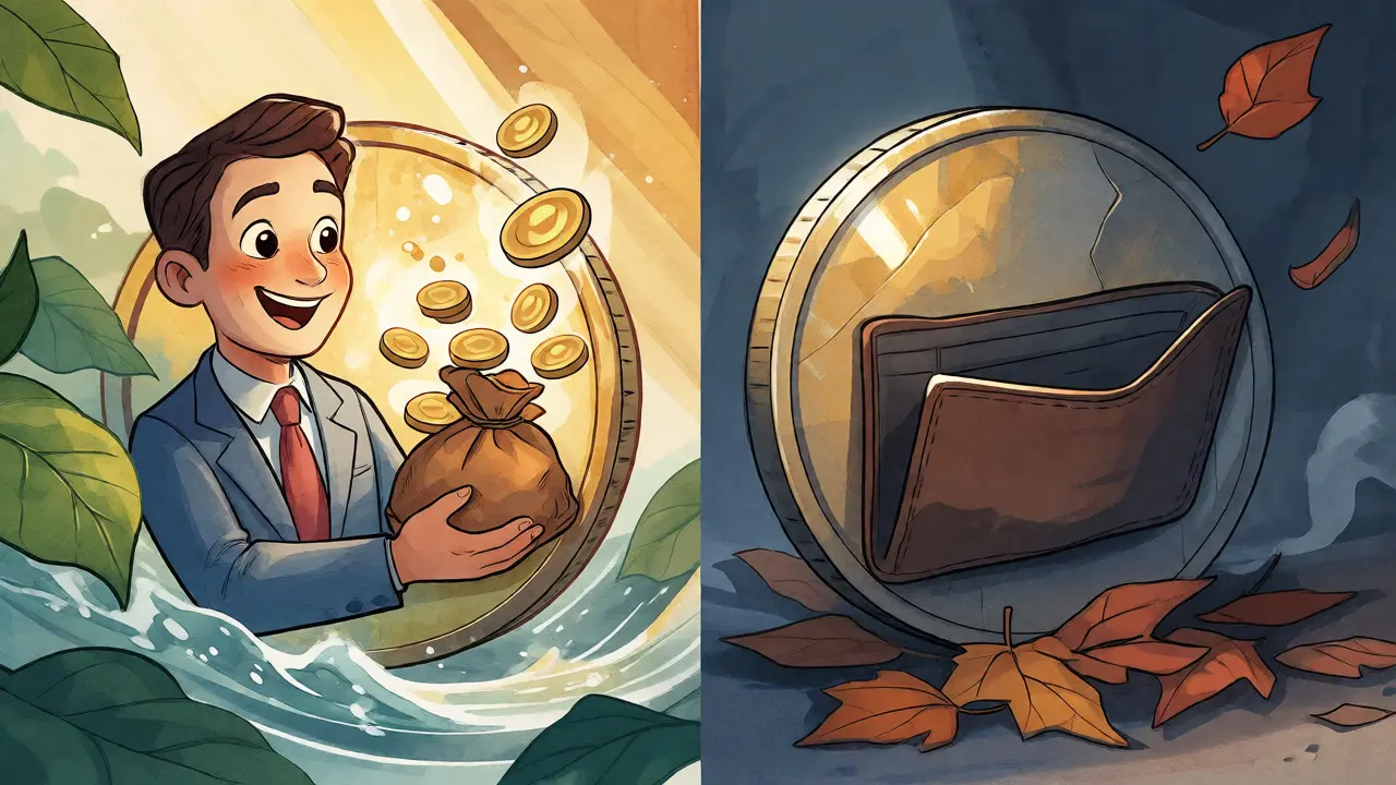 Split illustration of a filled money bag versus an empty wallet with falling leaves.
