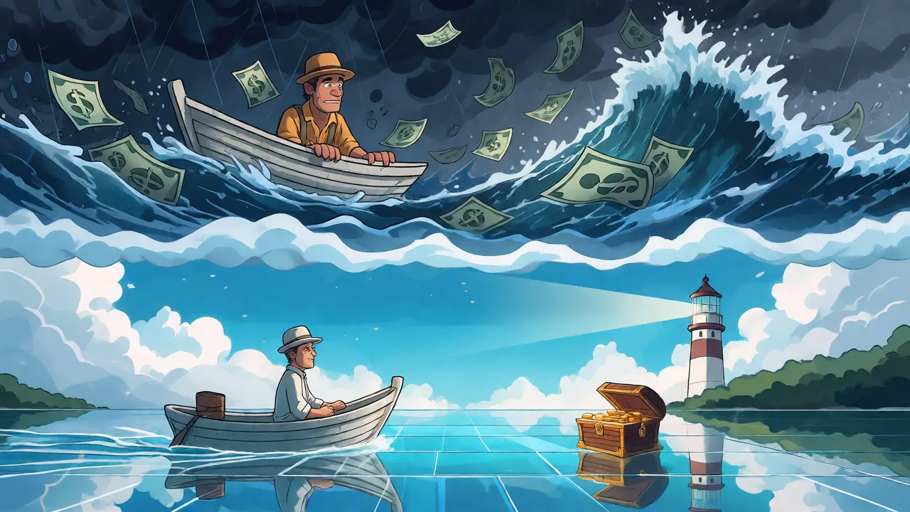 Split view comparing a stormy, expensive Ethereum sea to a calm, cheap Arbitrum lake.