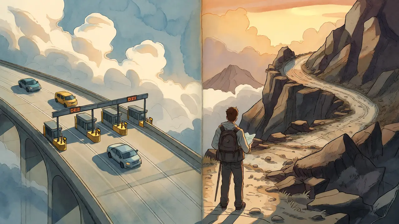 Split view of a toll highway versus a rocky mountain path representing trading costs.