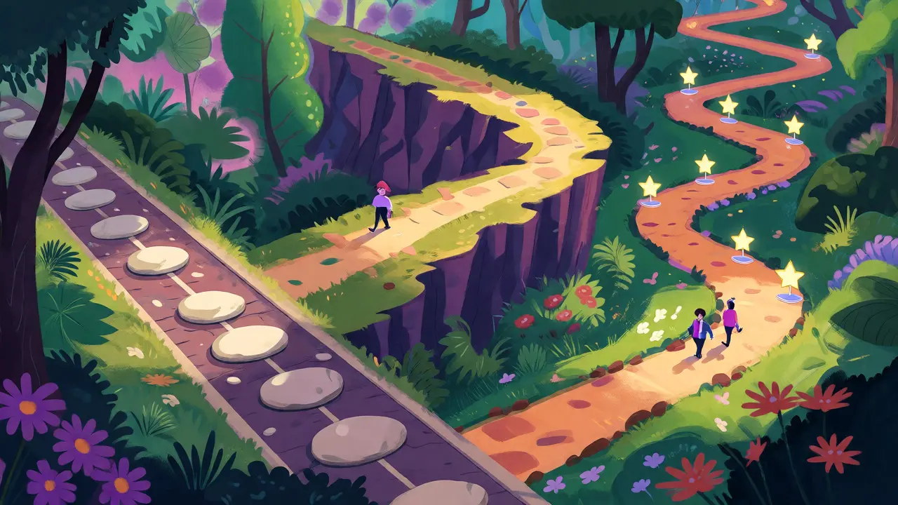 Three fantasy paths showing linear, cliff, and milestone vesting.