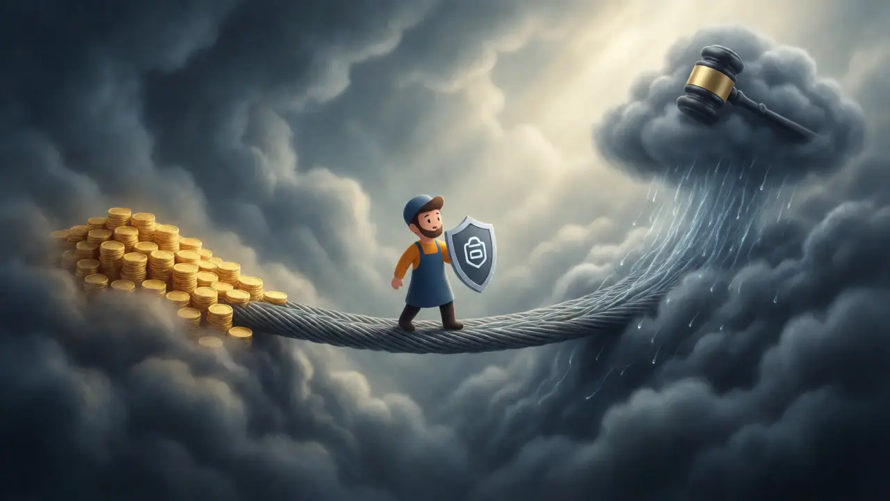 Trader balancing profits and regulatory risks on a bridge of cables.