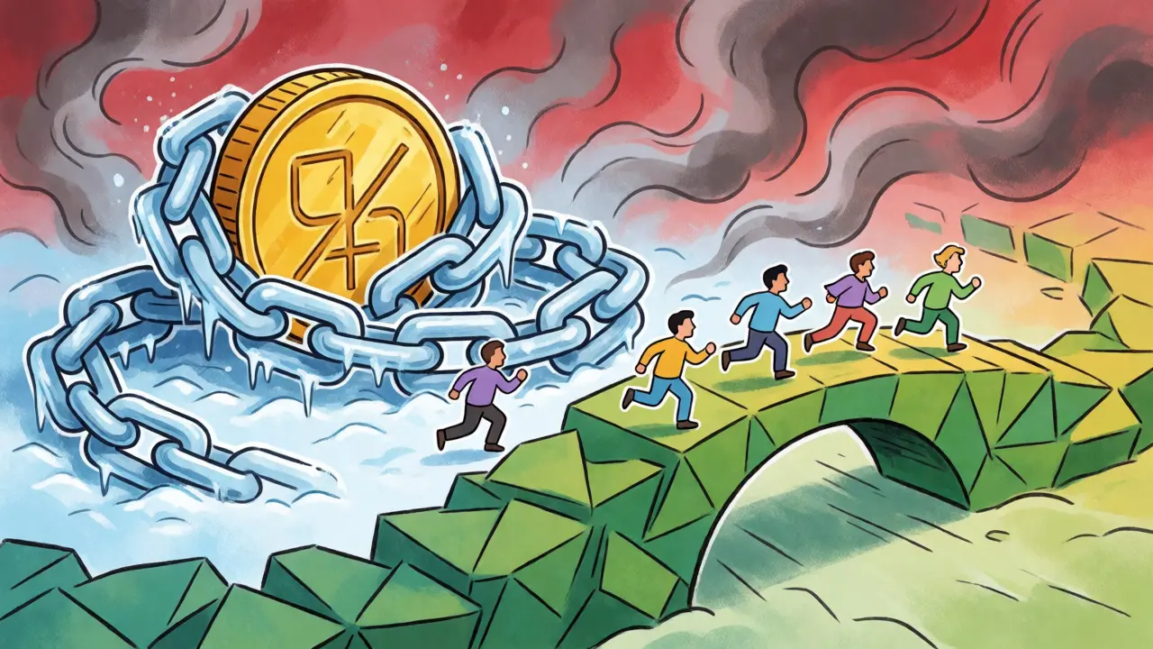 Traders fleeing frozen assets toward safer alternative stablecoin networks.