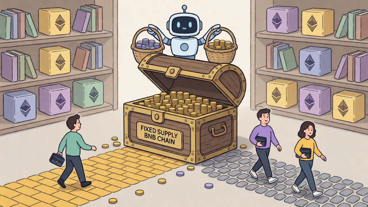 Treasure chest distributing coins along two different colored paths representing blockchains.
