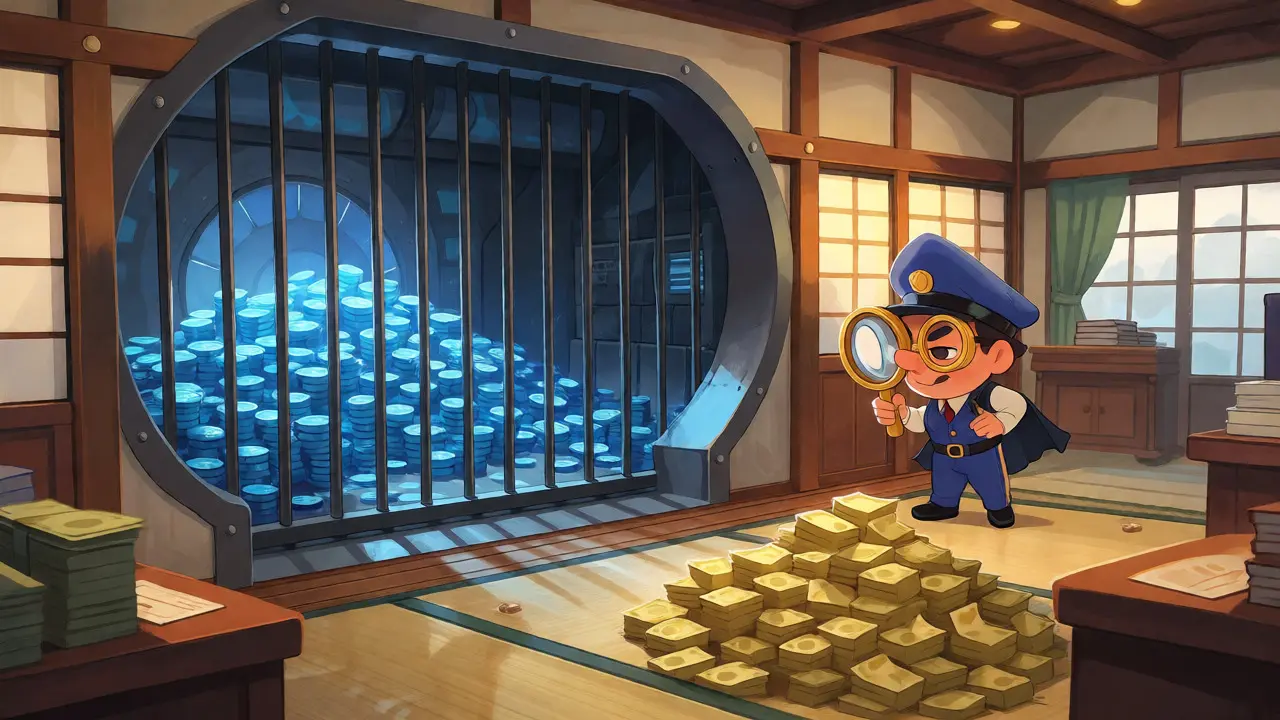 Whimsical cutaway view of a crypto vault showing cold storage and segregated funds in a Japanese office.