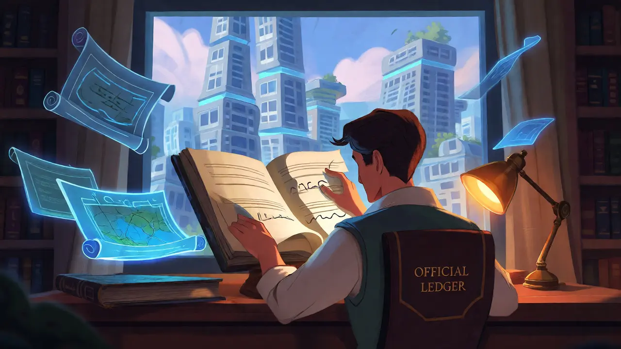 Adventurer verifying contracts in a magical digital library