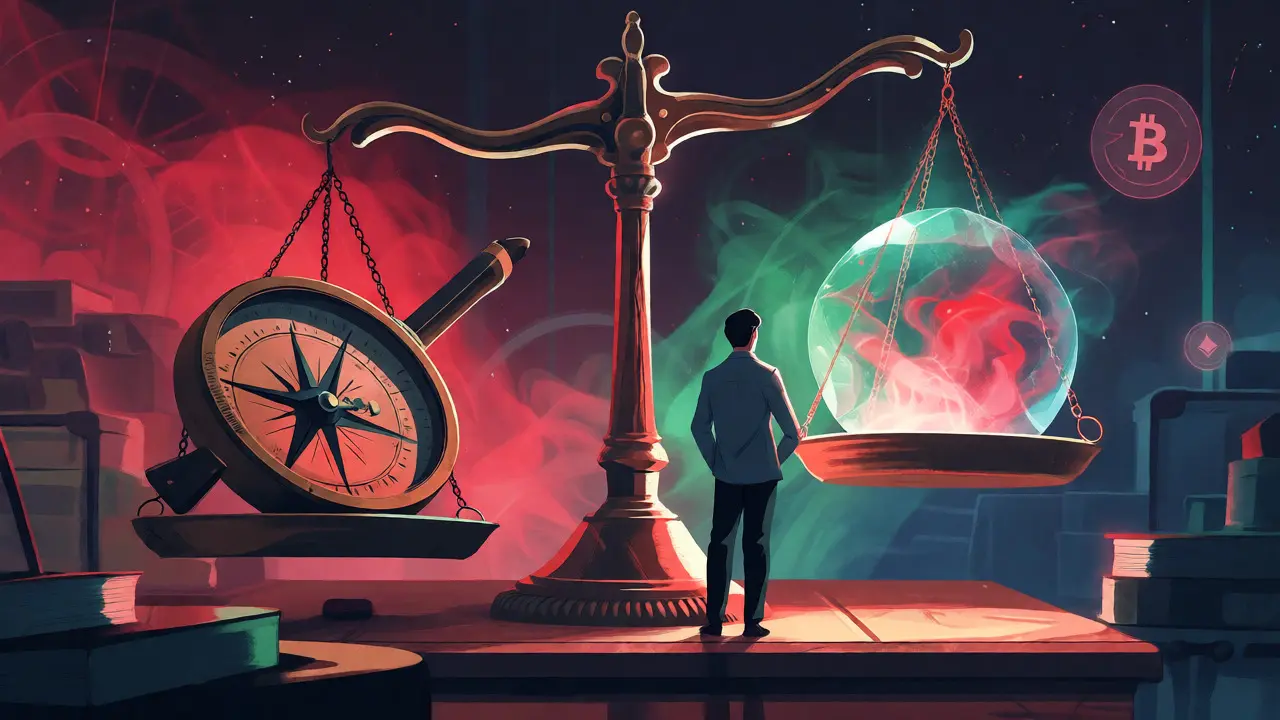 Alchemist balancing traditional tools against glowing market sentiment orbs