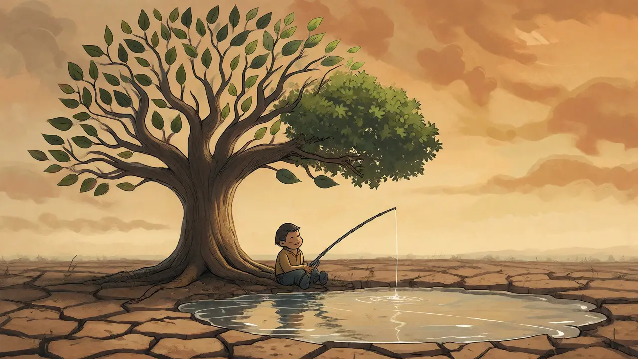 Cartoon figure fishing in a stagnant puddle beneath a partially leafless tree.