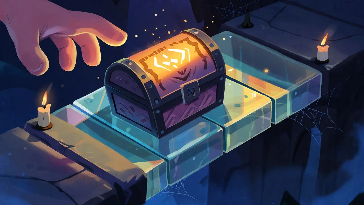 Cartoon hand reaching for a glowing chest on a glass bridge over a dark void.