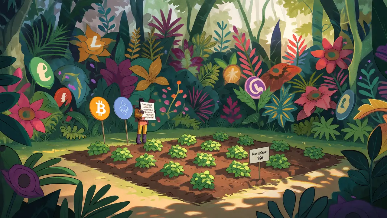 Cartoon showing a small garden of major cryptos vs a vast jungle of altcoins.