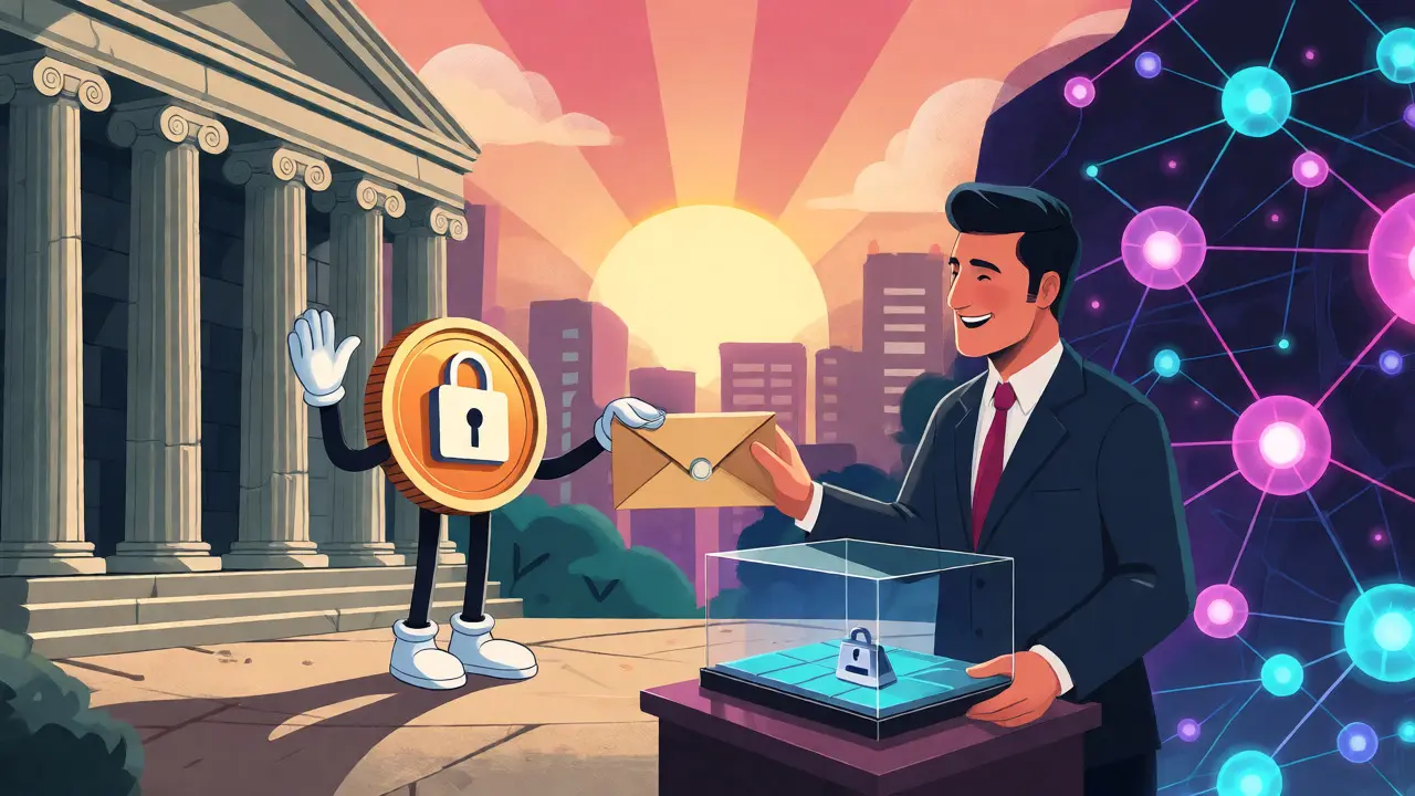 Diplomatic exchange of sealed audit proofs between traditional bankers and Web3 networks.