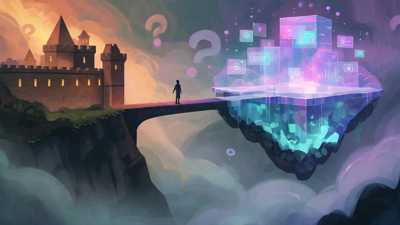 Figure bridging a gap between a secure castle and a fragile glass island.