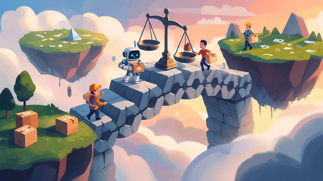 Illustrated bridge connecting three blockchain islands with tiny figures exchanging goods.