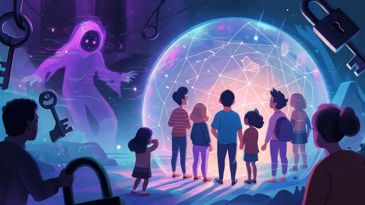 Quantum threat looming over characters protected by ZK proof bubbles