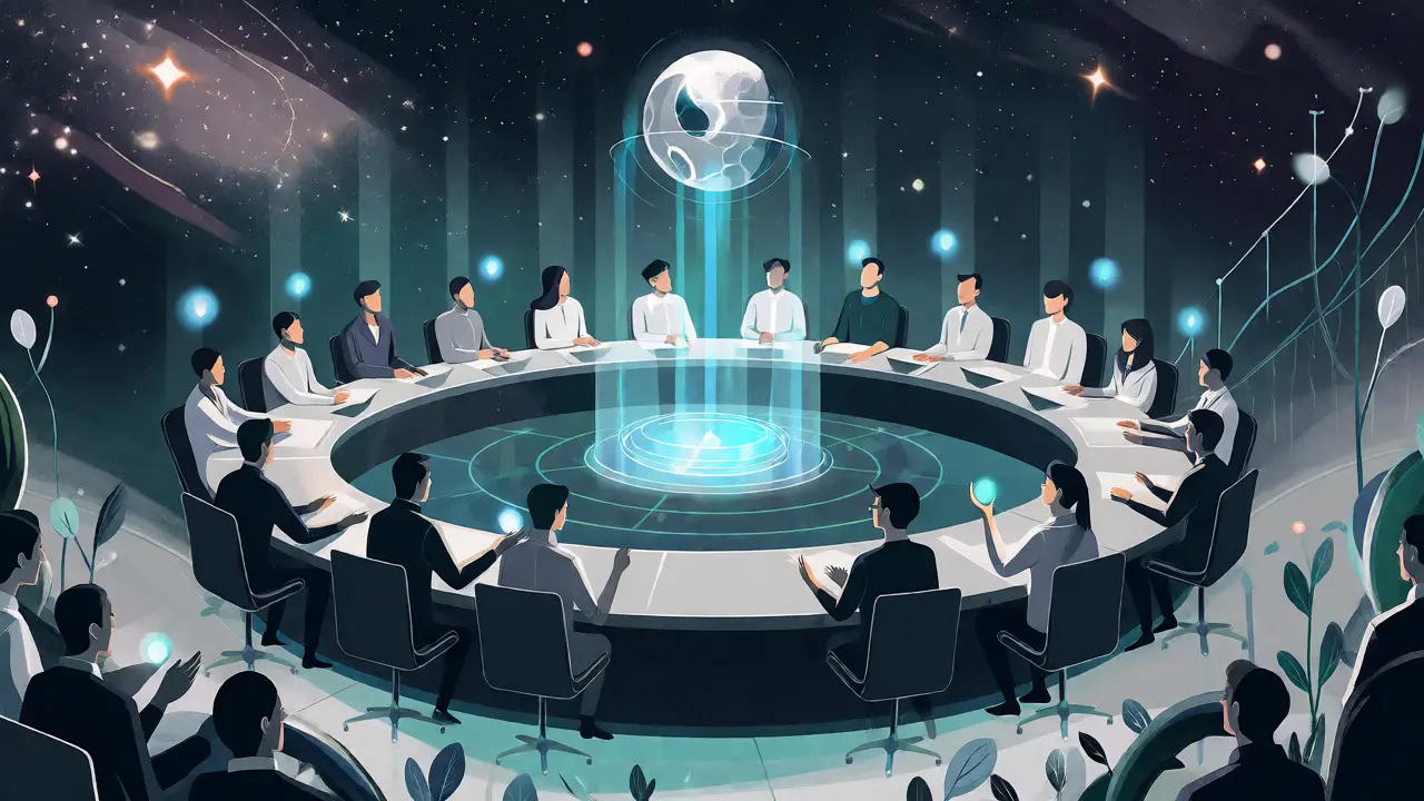 Stylized DAO members voting with light orbs around a floating table in space.