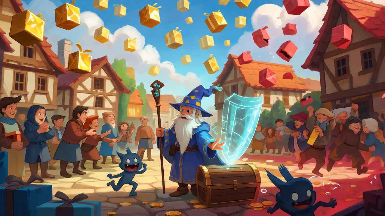 Wizard protecting treasure from scam traps during airdrop event